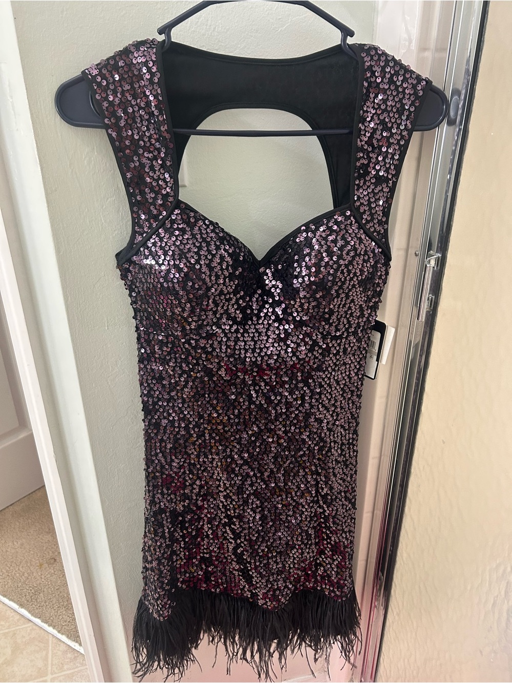 Guess Black Mini Dress with Pink Iridescent Sequins and Feather Trim